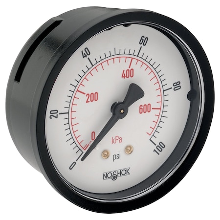 NOSHOK Pressure Gauge, 2" Steel Panel Mount Case, 100 psi/kPa, 1/4 NPT Back Conn, Glass Lens 20-120-100-psi/kPa-GL